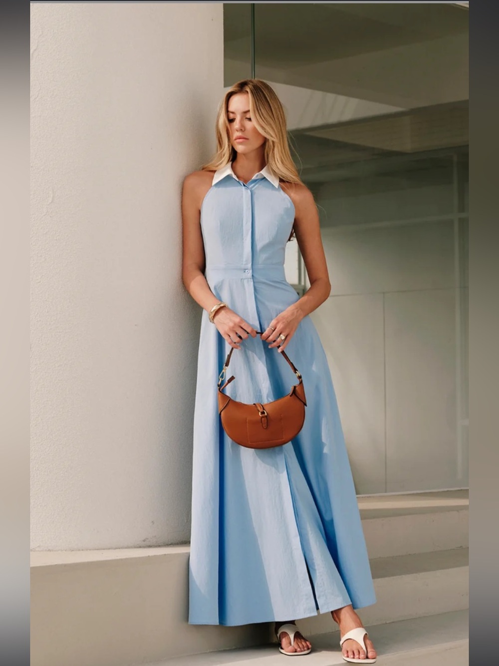 Commense Blue Cotton blend Sleeveless Collared Maxi Dress
